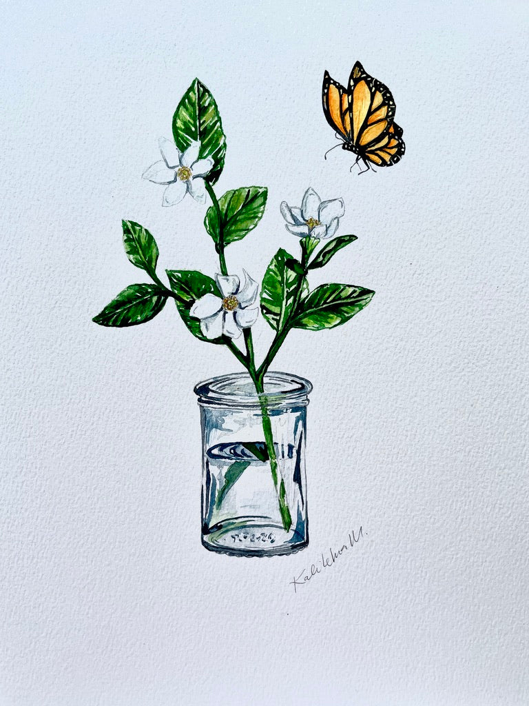 Watercolro Na'u gardenia in a glass furikake jar as a vase with monarch butterfly flying nearby