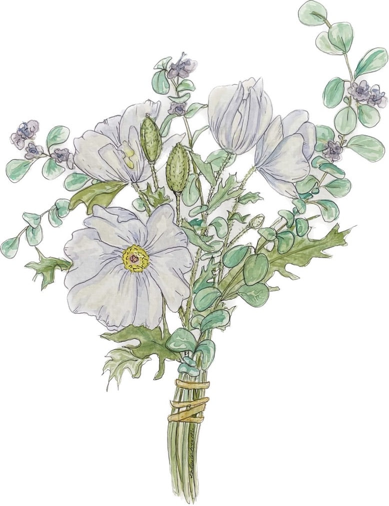 Watercolor of native Hawaiian Pua Kala and Pohinahina bouquet with white background.