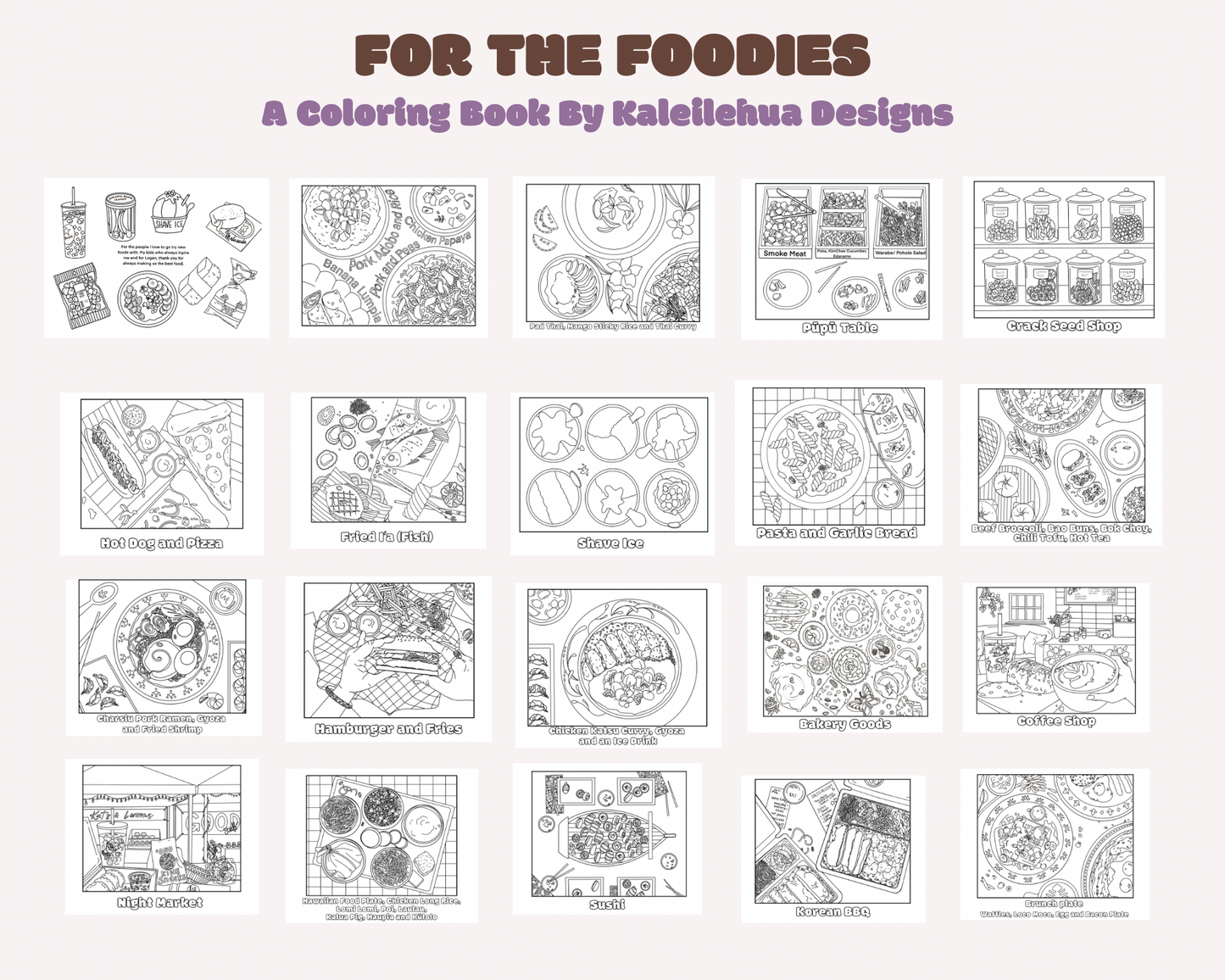 Back side Cover of a coloring book by Kaleiehua Designs featuring various food-themed illustrations.