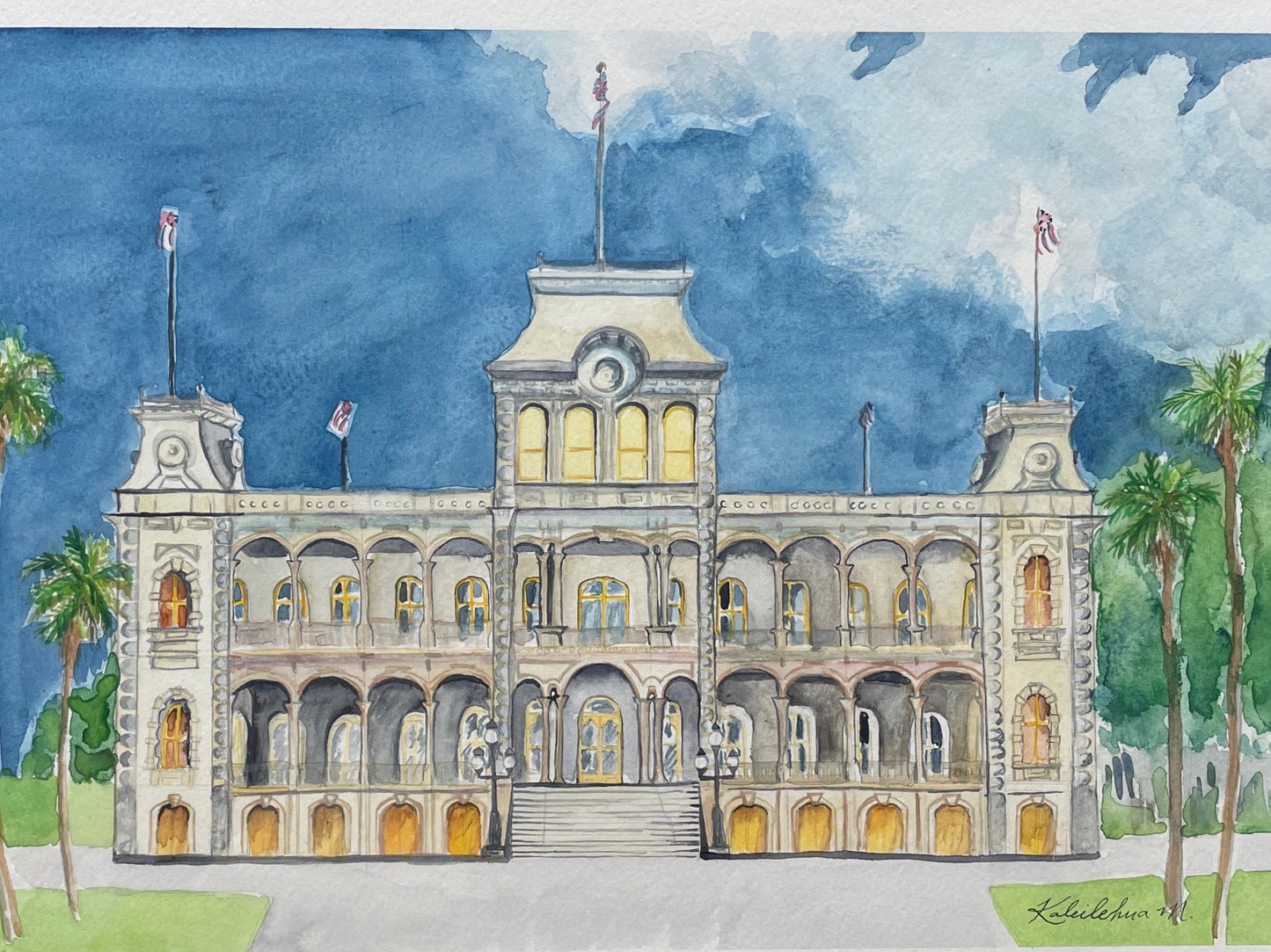 Watercolor art of iolani palace