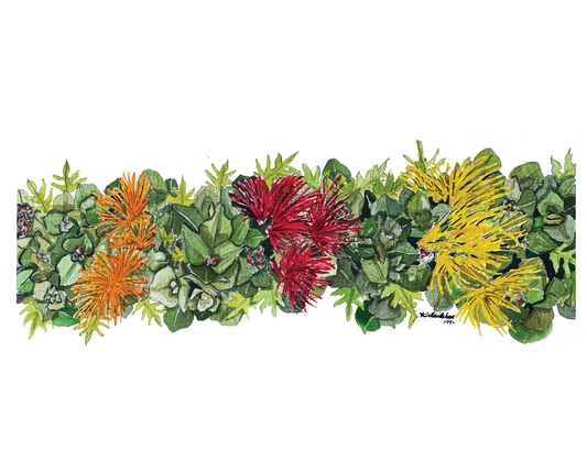 Watercolor painting of a Lehua lei, red, yellow and orange lehua with green leaves.