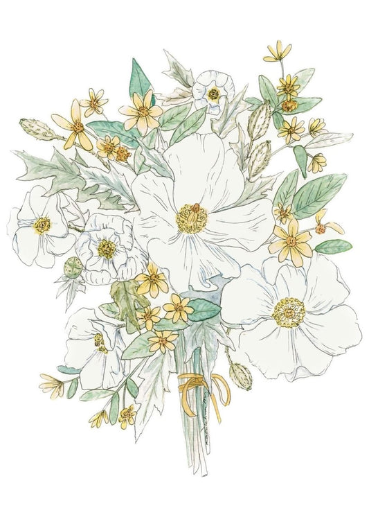 Watercolor of native Hawaiian poppies Pua Kala and Kookoolau bouquet with white background.