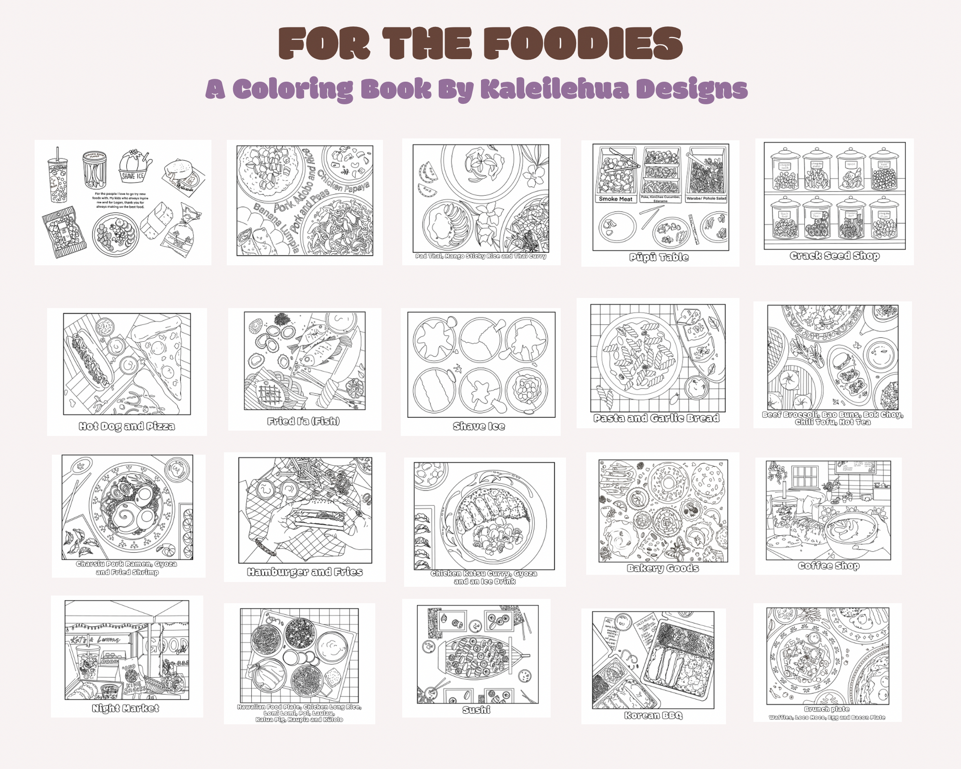 Back side Cover of a coloring book by Kaleiehua Designs featuring various food-themed illustrations.